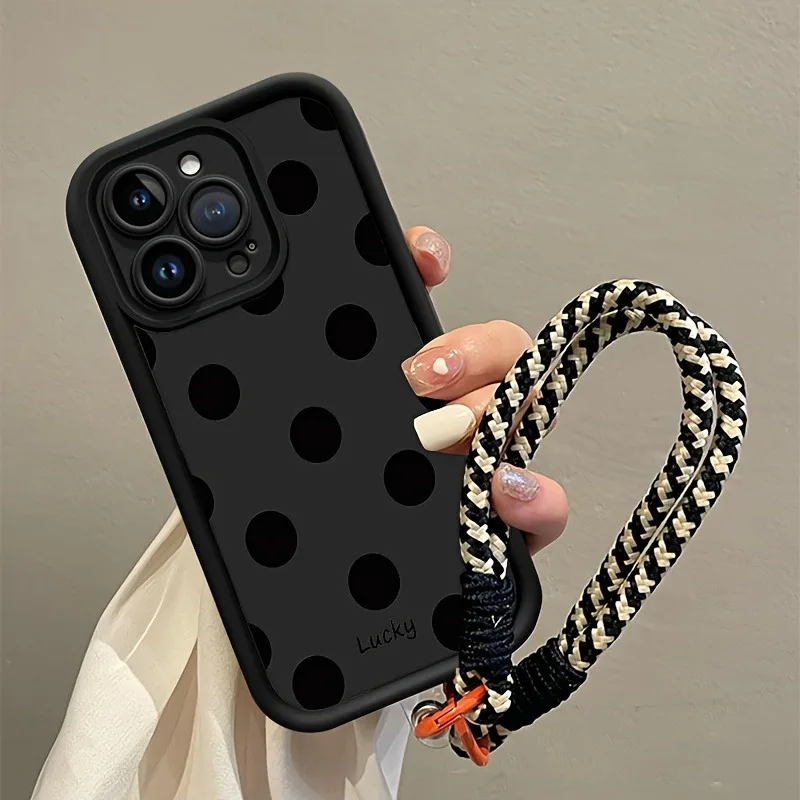 Schwarze Handyhülle mit Polka Dots und weichem Tragegurt für iPhone 18 17 16 Pro Max 15 14 13 12 11 Pro X XS XR 7 8 Plus 17Air Silikonhülle – Detail 6