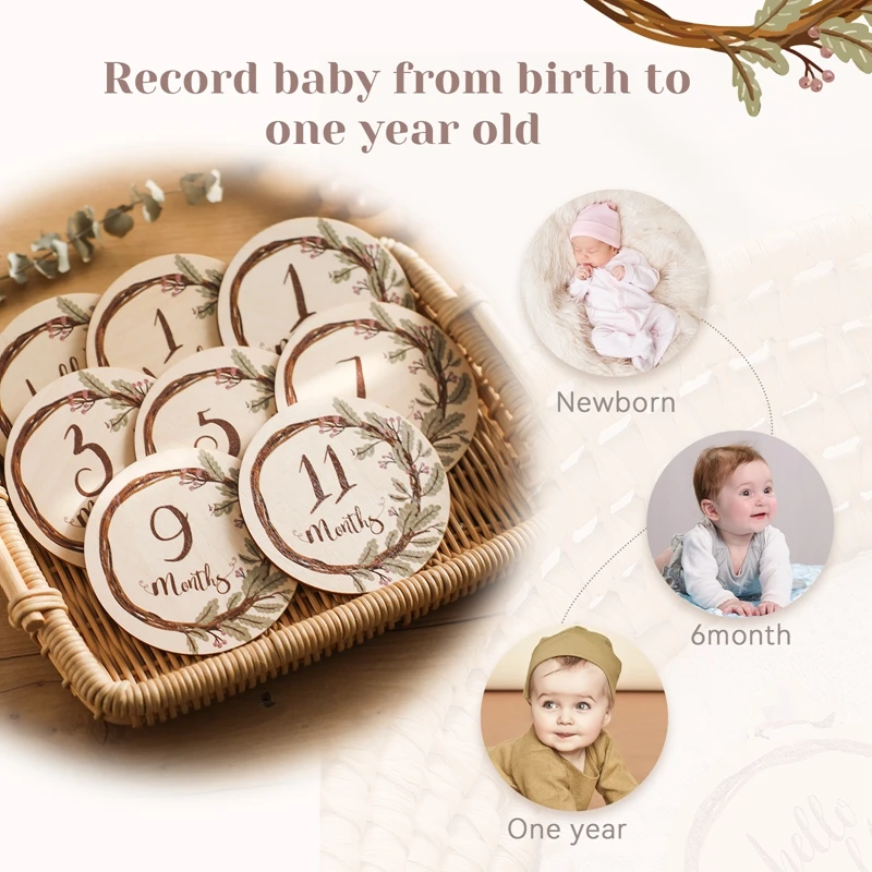 Cartes commémoratives mensuelles en bois pour bébé, fleur mensuelle pour nouveau-né gravée, accessoires de photographie d'âge, cadeau de naissance pour bébé