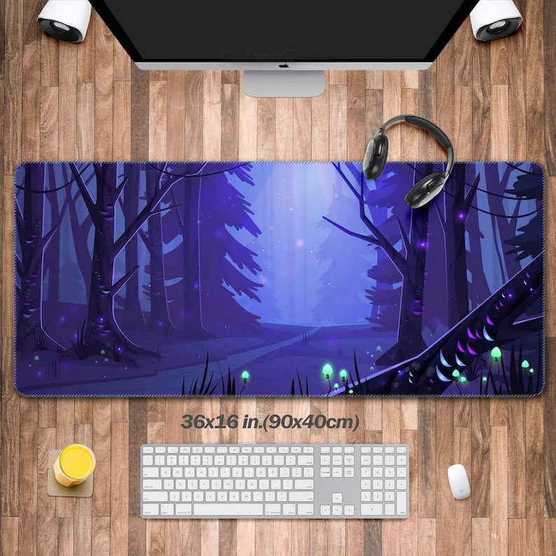 

Cute Desk Pad with Night View of The Forest,purple Keyboard Mat,fantastic Desk Mat,cute Desk Décor,XXL Mousepad,gift for Gamer