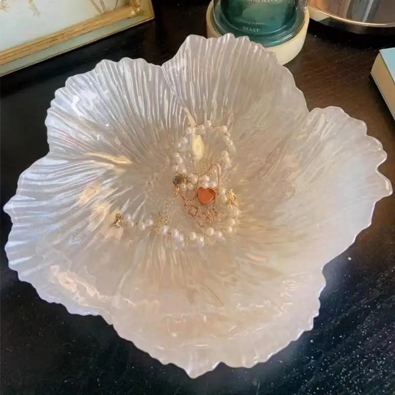 Nordic Style Modern Flower Shape Fruit Plate Household Crystal Glass Pearlescent White Simple Snack Storage Plate Large Capacity