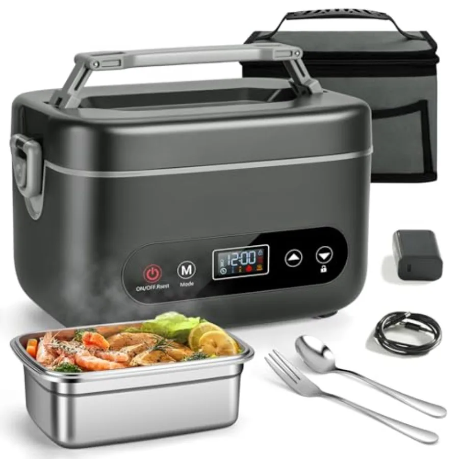 

Electric Lunch Box for Office, Outdoors Truck: 1.2L Cordless Heated Lunch Box, Stainless Steel, Black, 5-Sided Heating, Leakpro