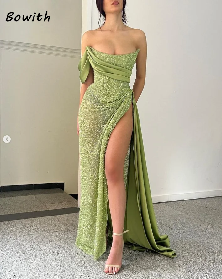 Bowith Long Evening Dress Elegant For Women Prom Split Dresses Wedding Party Formal Occasion Green One Shoulder Gown vestidos