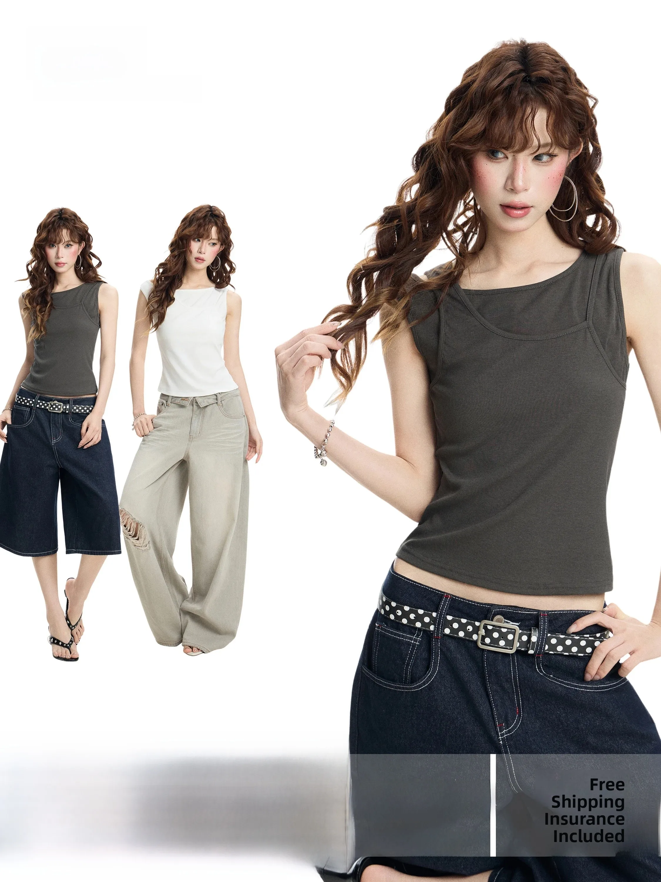 Slim Fit Short Sleeveless Grey Camisole Tank Top for Women Summer Anti Shake Design Sense Hollow out Underarm Cover up