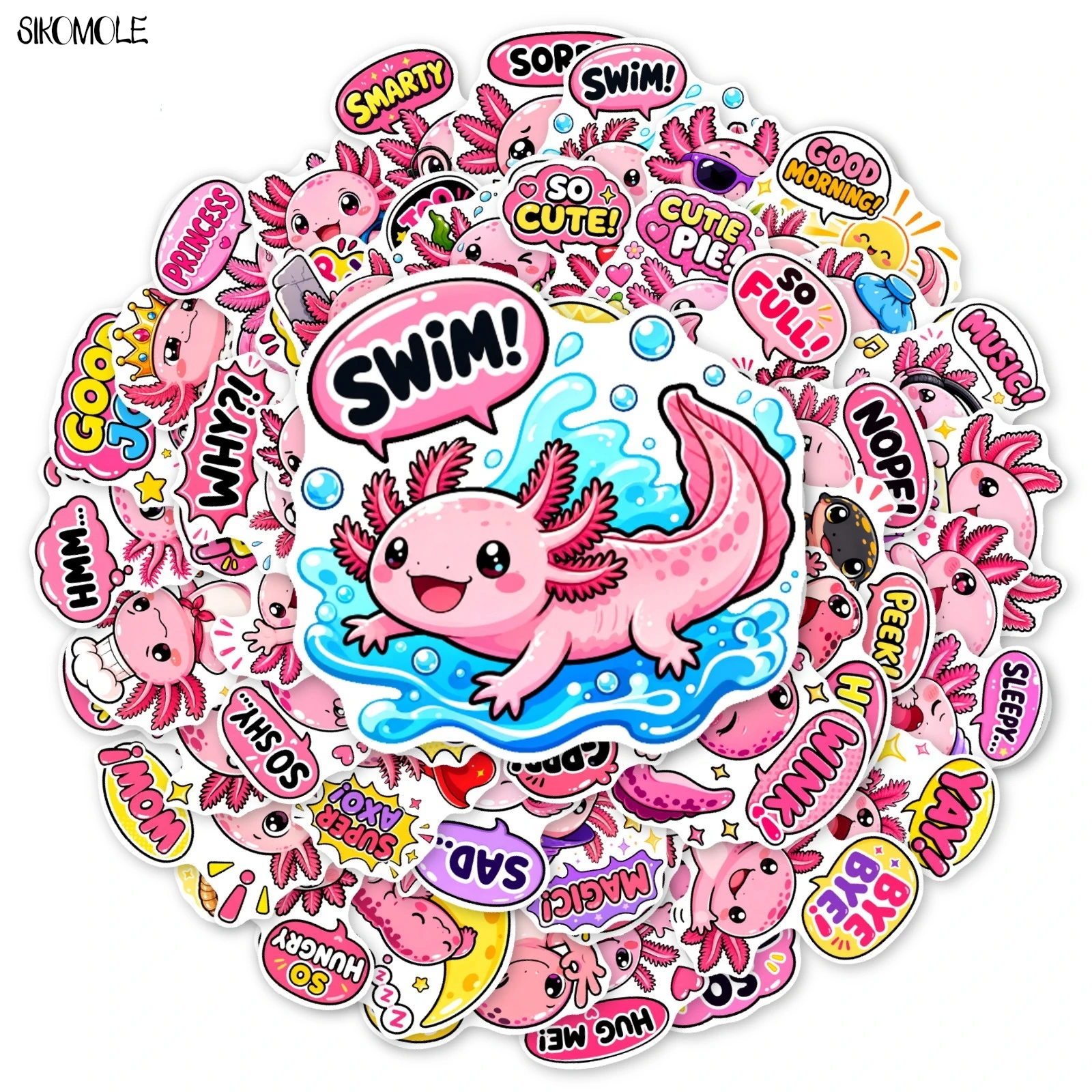 10/30/50PCS Cute Pink Axolotl Kawaii Stickers Cartoon Salamander Slogan DIY Decor For Phone Laptop Luggage Craft Gifts Sticker
