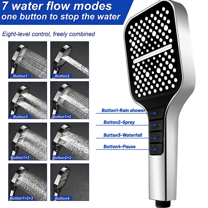 NEW SquarBlack Shower Head Adjustable 7mode Shower Faucet Large Panel Flow Rainfall Skin ABS Hand Held Shower Bathroom Accessory