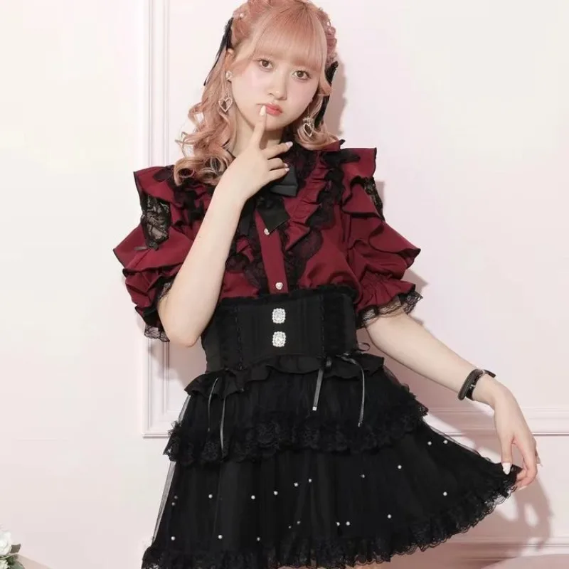 

Japanese Sweet Lolita Blouses for Women Elegant Kawaii Love Heart Bow Off Shoulder Shirt Fashion Daily Mine Tops Summer New