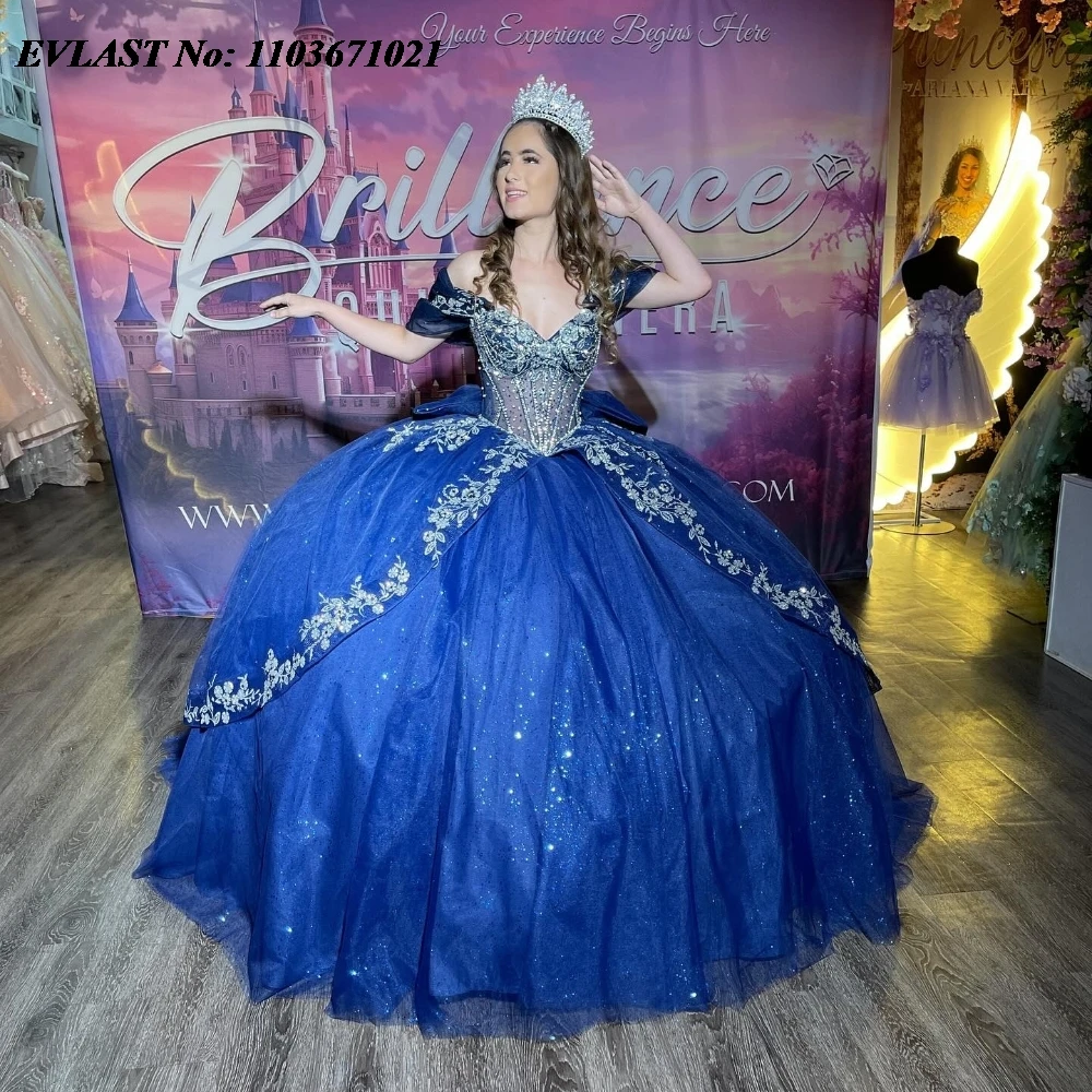 EVLAST Customized Royal Blue Quinceanera Dress Ball Gown Silver Lace Applique Beading Corset Sweet 16 Vestidos De 15 Anos SQ568