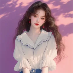 Femme 봄 여름 한국 패션 버튼 프릴 솔리드 컬러 여성 셔츠 단순 세련된 v 넥 퍼프 슬리브 카디건