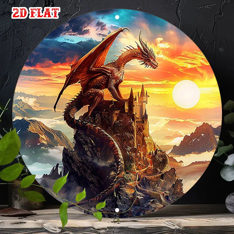 2D Flat - One-Piece 2D Flat Dragon Silhouette Holiday Decorative Plaques, Round Aluminum Signs Featuring Mythical Creatures, Mou