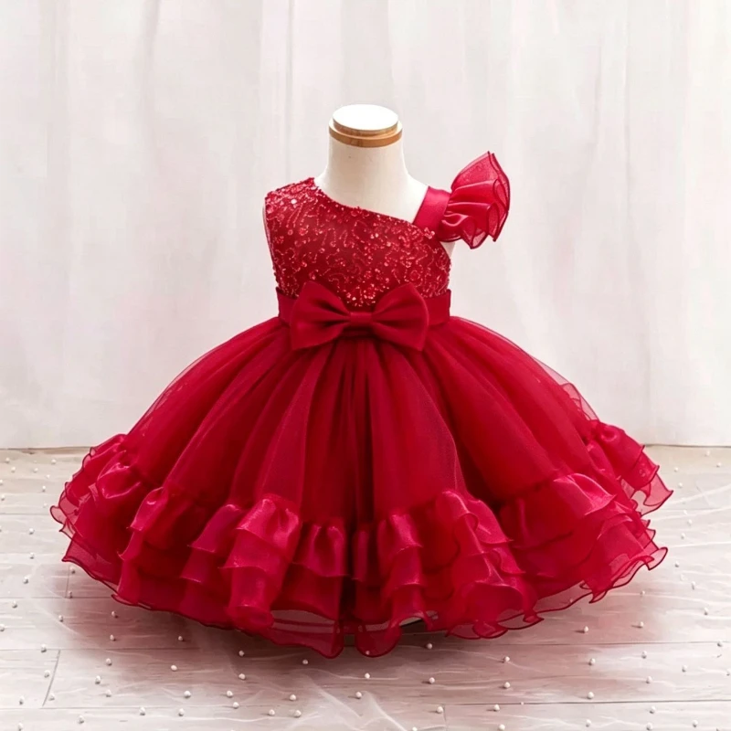 Children's Formal Dress Birthday Princess Dress Red Girl's Sequin Bow Fluffy Dress Flower Girl Wedding Performance Costume