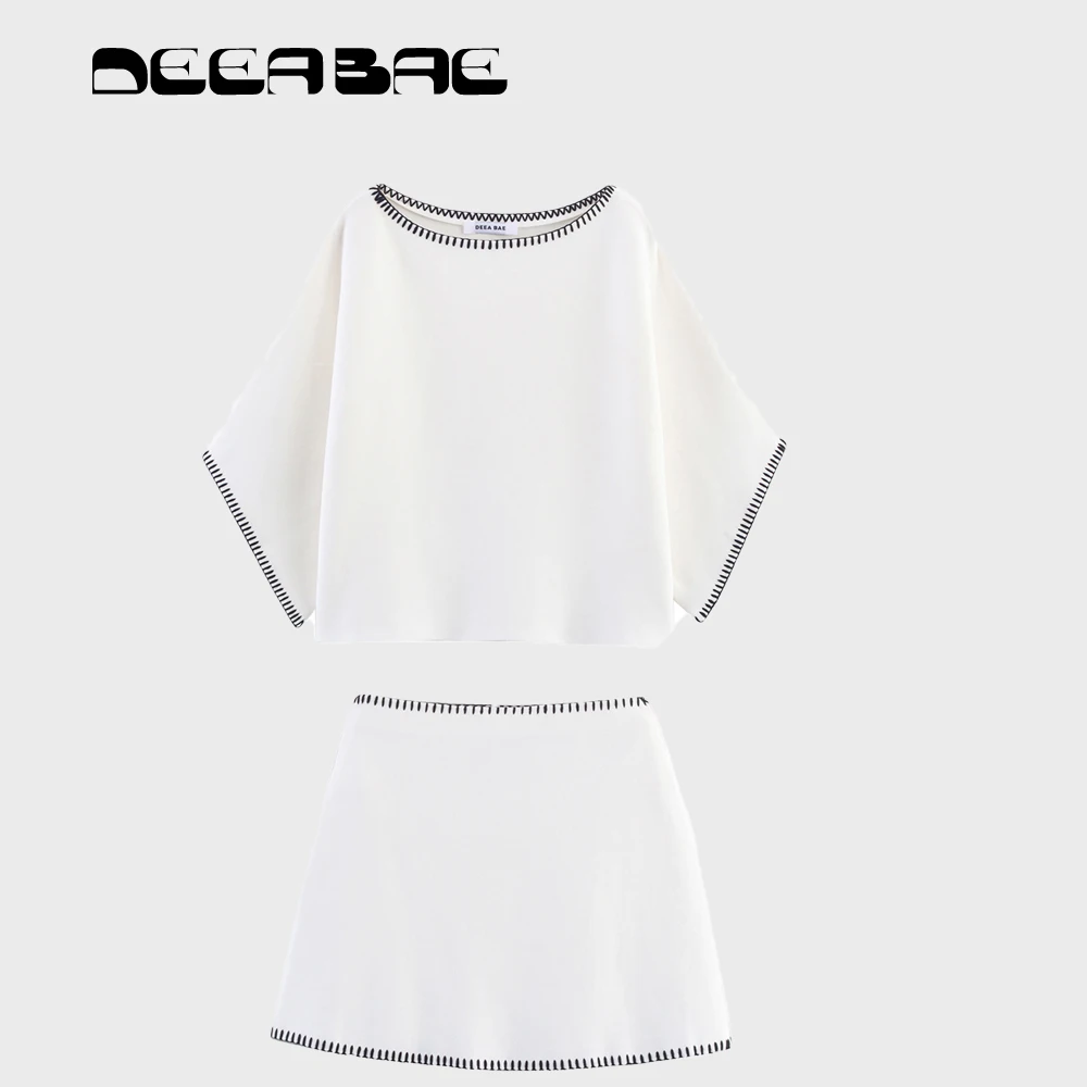 Deeabae feminino outono nova coleção cor contrastante bordado em torno do pescoço camisa de malha conjunto meia saia