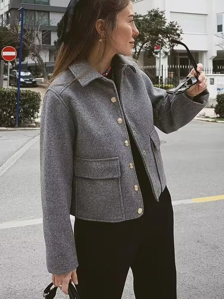 

Autumn Jacket Women Vintage Metal Button Coat Female Elegant Fashion Turndown Collar Jackets Ladies Casual Long Sleeve Outerwear