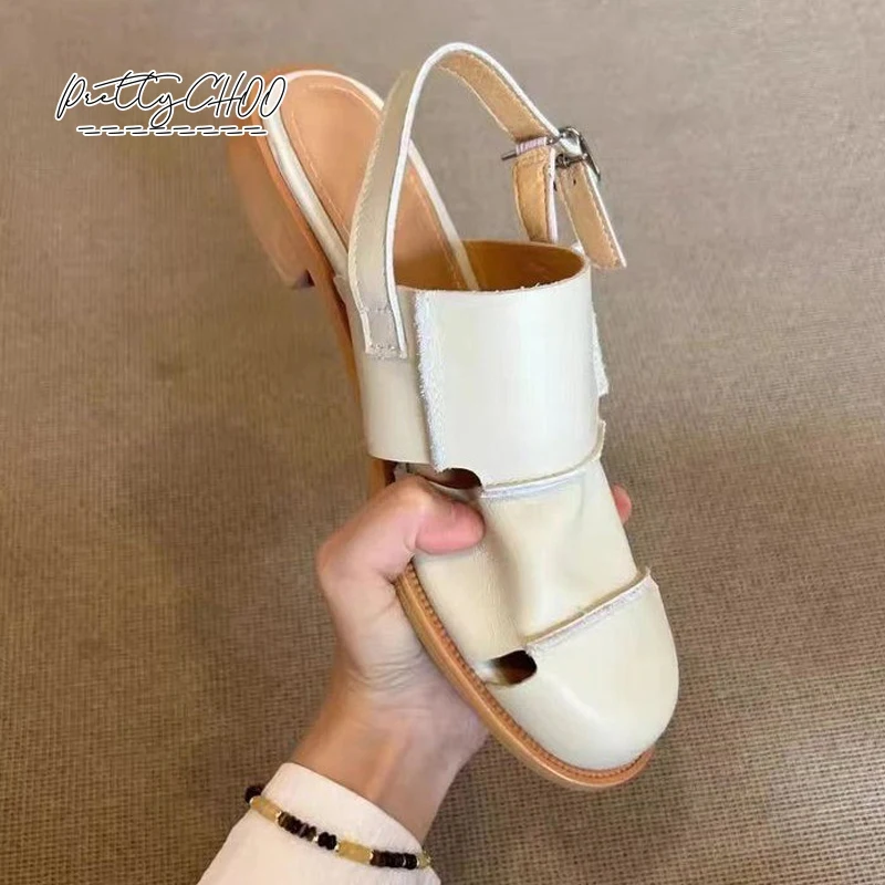 Soft Leather Greek Sandals Woman Retro Round Closed Toe Slingback Shoes Ladies Summer Cut-Out Buckle Strap Flat Zapatos