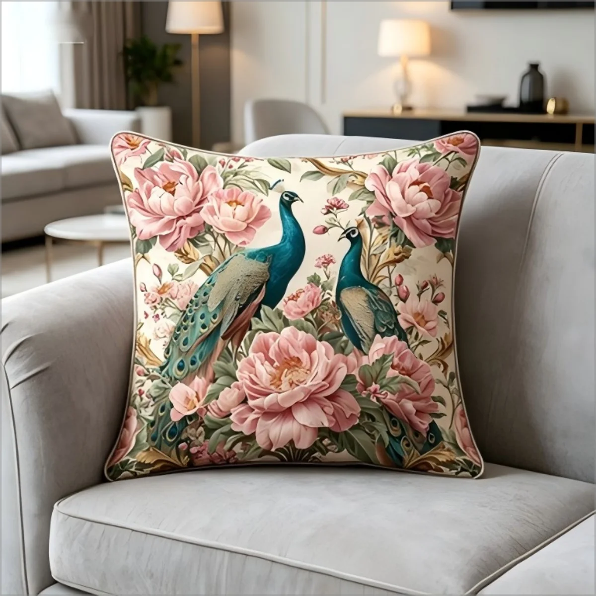 Vintage Peony Peacock Pillow Cover Retro Floral Bird Print Cushion Case for Sofa Couch Luxury Boho Home Decor Gift