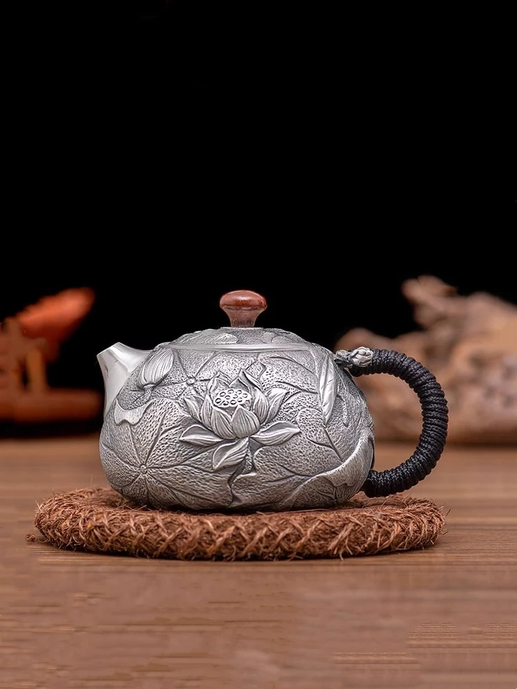 99.9% Pure Silver Tea Pot Household Tea Ceremony Lotus Chinese Handmade Gift Kung Fu Silver Tea Set