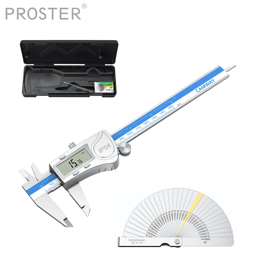 Proster IP54 Waterproof  feeler Gauge 150 mm Stainless Steel Digital Vernier Caliper Fractions/ Inch/ Metric Conversion