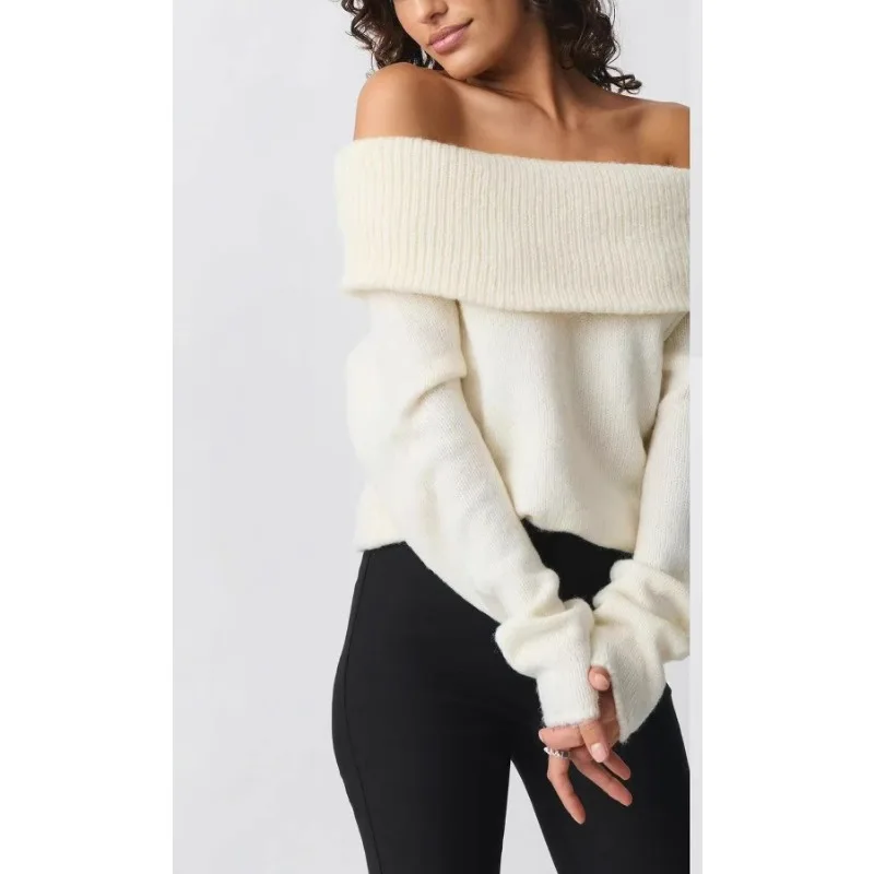 

Женский свитер с открытыми плечами, вязаный укороченный модный пуловер с длинными рукавами, джемпер с напуском, топы, эстетичная уличная одежда