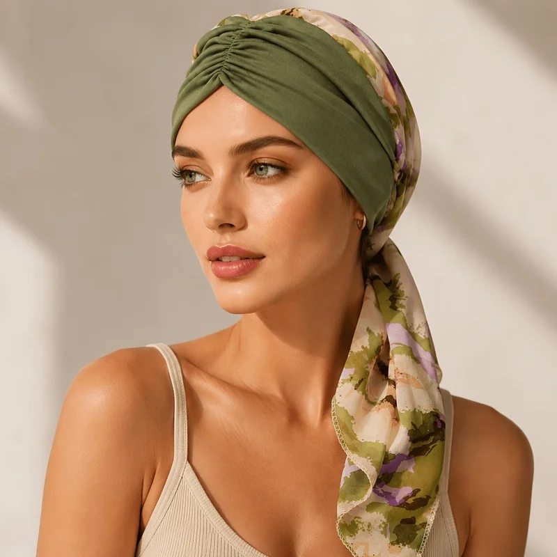 Women Headscarf New Floral Chiffon  Easy-To-Wear Elastic Pullover Cap Stylish And Durable Long-Tail Turban