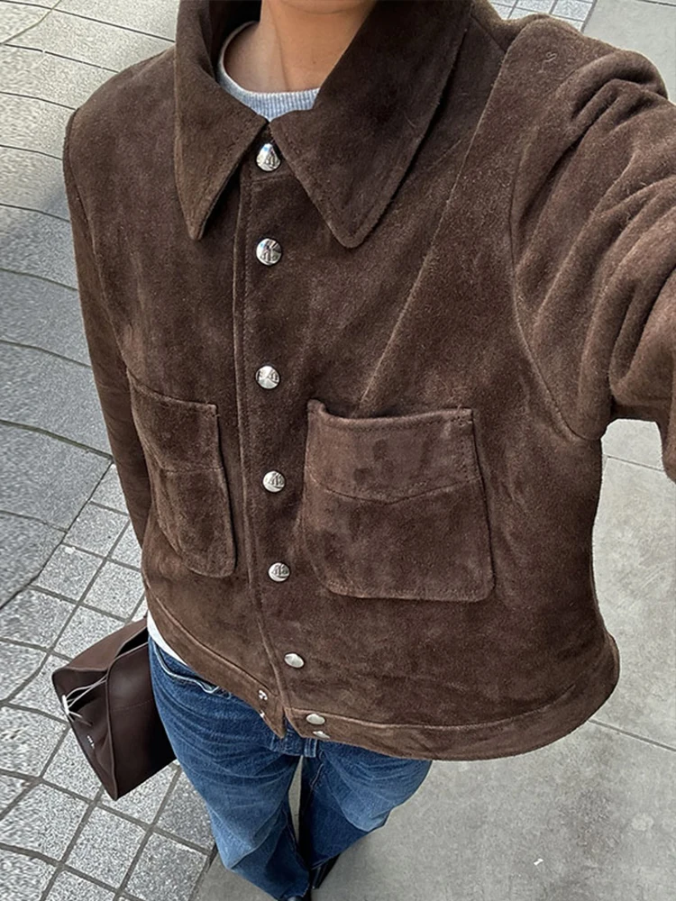 

Vintage Lapel Suede Short Jackets Women Casual Single Breasted Long Sleeved Pockets Tops Lady 2025 Spring High Street Outwears