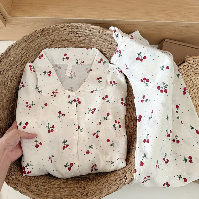 Korean Style Women's Spring Autumn New Arrival Comfortable Cherry Floral Trim Sleepwear Set Casual Home Clothes