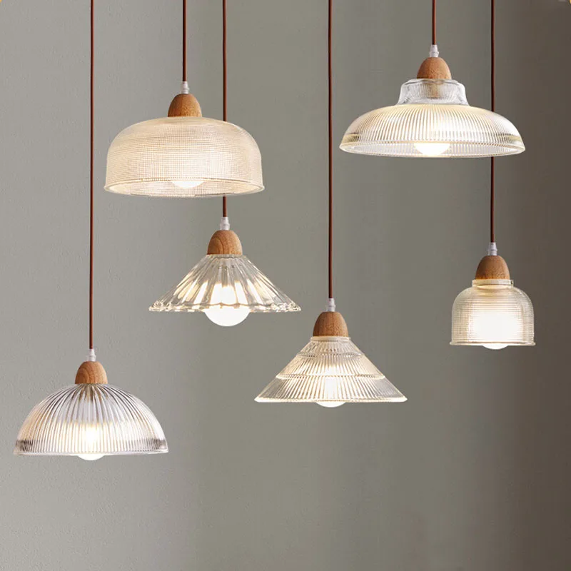 Nordic glass pendant lamp Japanese log wind cafe restaurant three small chandelier bedroom bedside bar dining table lamps