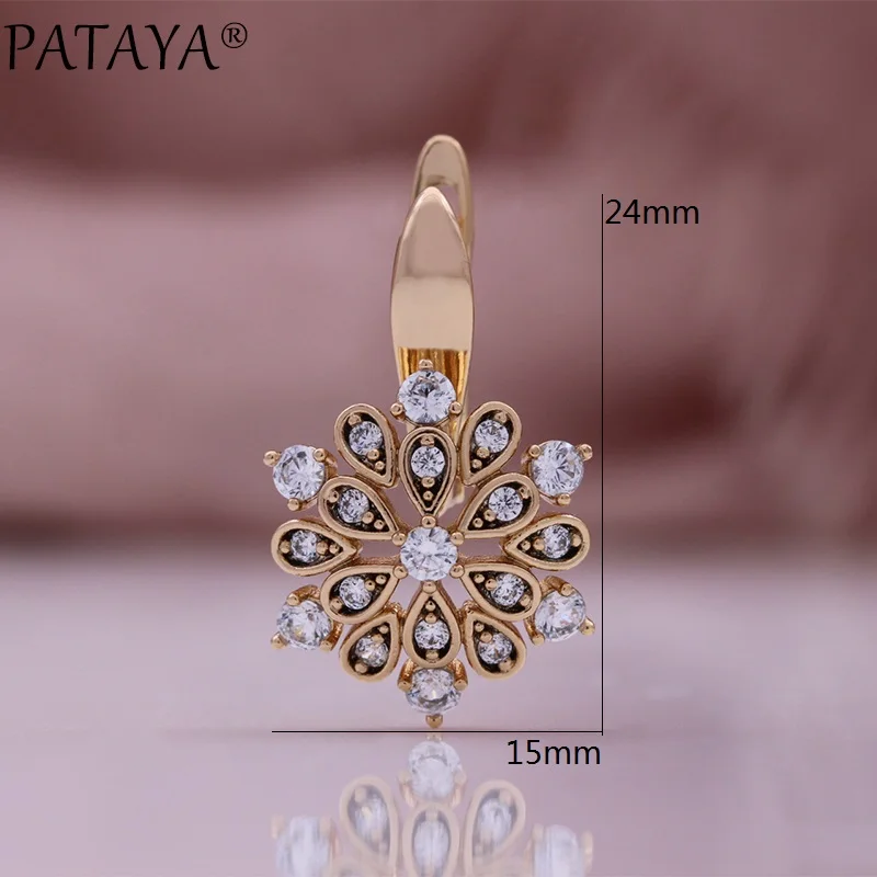 PATAYA New 585 Rose Gold Color Stud Earrings Fashion Crystal Flower Natural Zircon Earrings for Women Elegant Vintage Jewelry