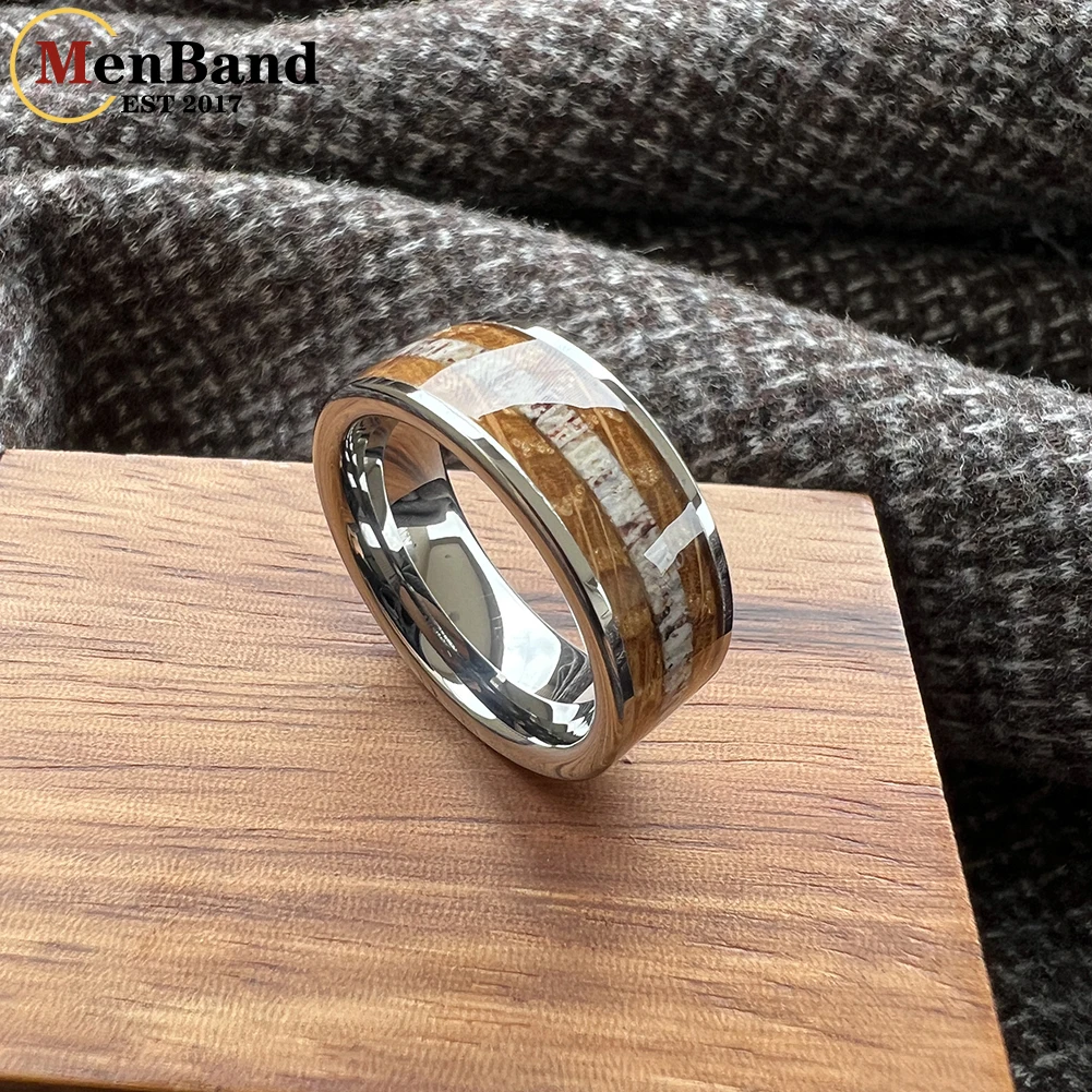 MenBand 8mm Black Tungsten Ring for Men Women Wedding Band Fashion Jewelry Whisky Barrel Wood Deer Antler Inlay