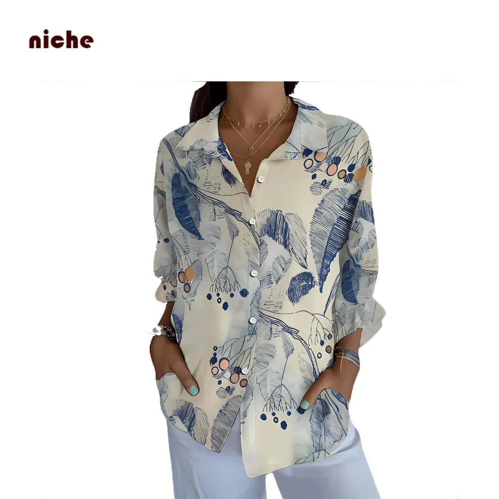 Damen Chiffon Shirt elegante Polo Kragen Federdruck Strand bequeme coole Designer Modetrend neue Beach wear