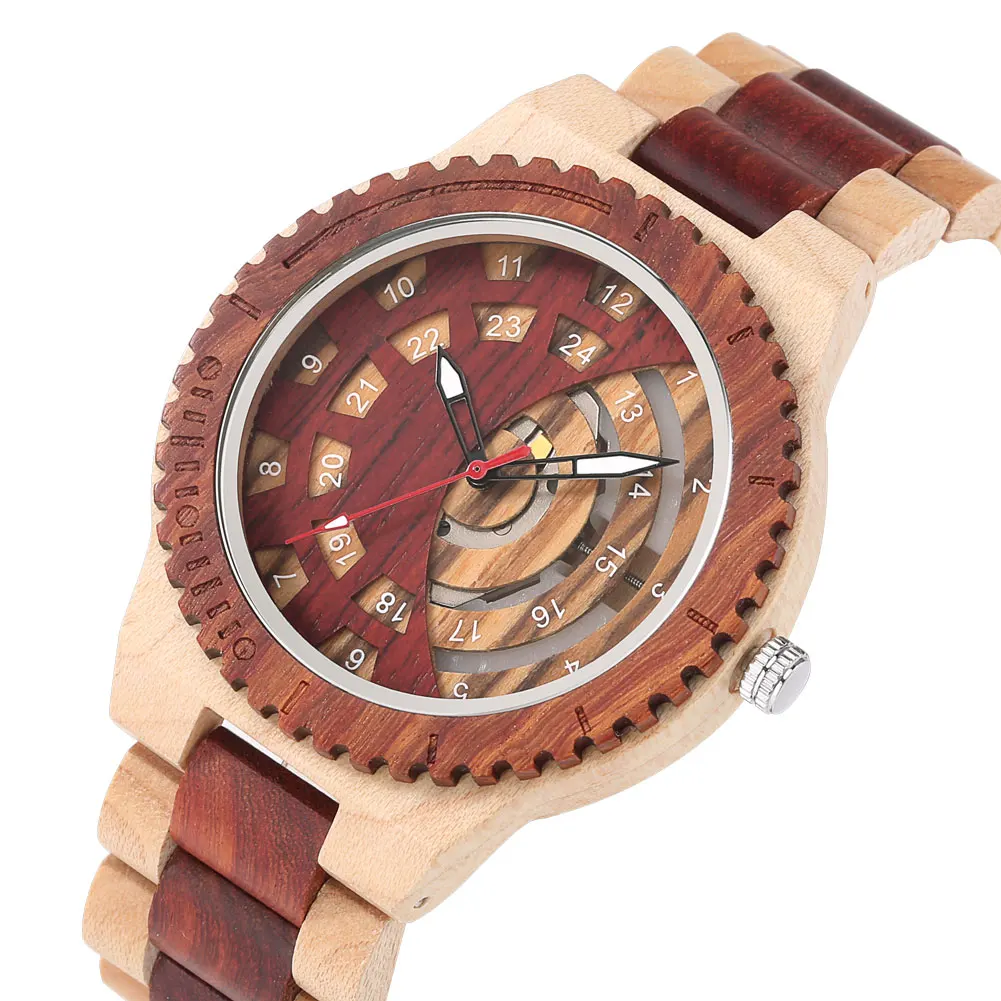 Vintage Hollow Dial Gear Surface Wooden Men Watches Full Wood Wristband Bracelet Casual Retro Men's Wrist Watch Folding Clasp