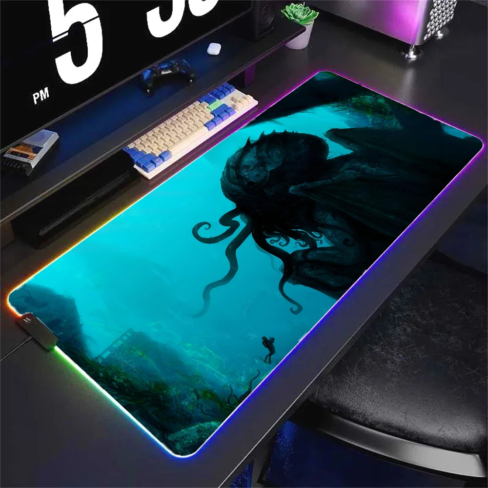 Sea C-Cthulhu  Mousepad XXL RGB Gaming Mouse Pads HD Black Gamer Accessories Large LED