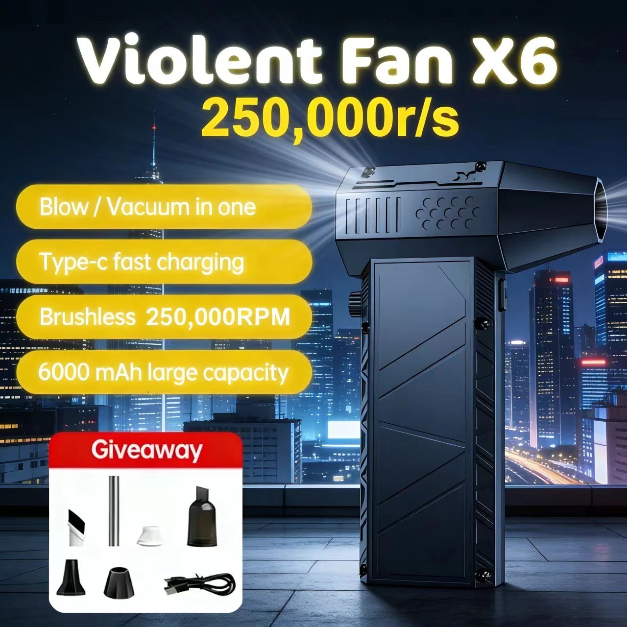 

250,000RPM X6 Air Blower Powerful dust Vacuum Cleaner Fast Charging Strong Wind Brushless Violent Fan for car/computer cleaning