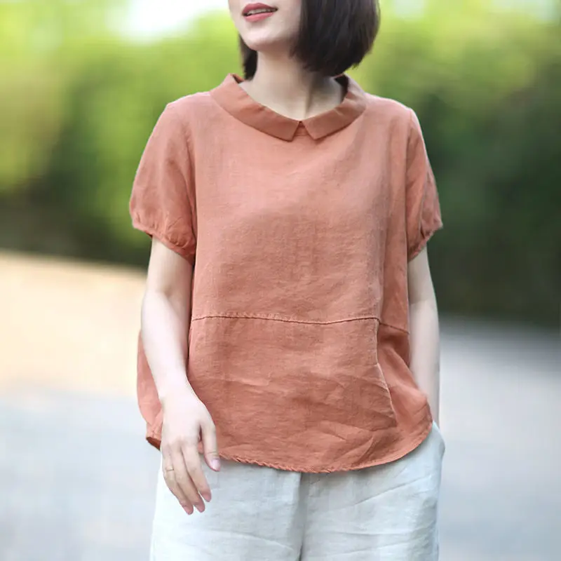 

Large Sized Women's Clothing Artistic Cotton Linen Short Sleeve Splicing Collar Shirt for Women Summer Casual Loose Pullover Top