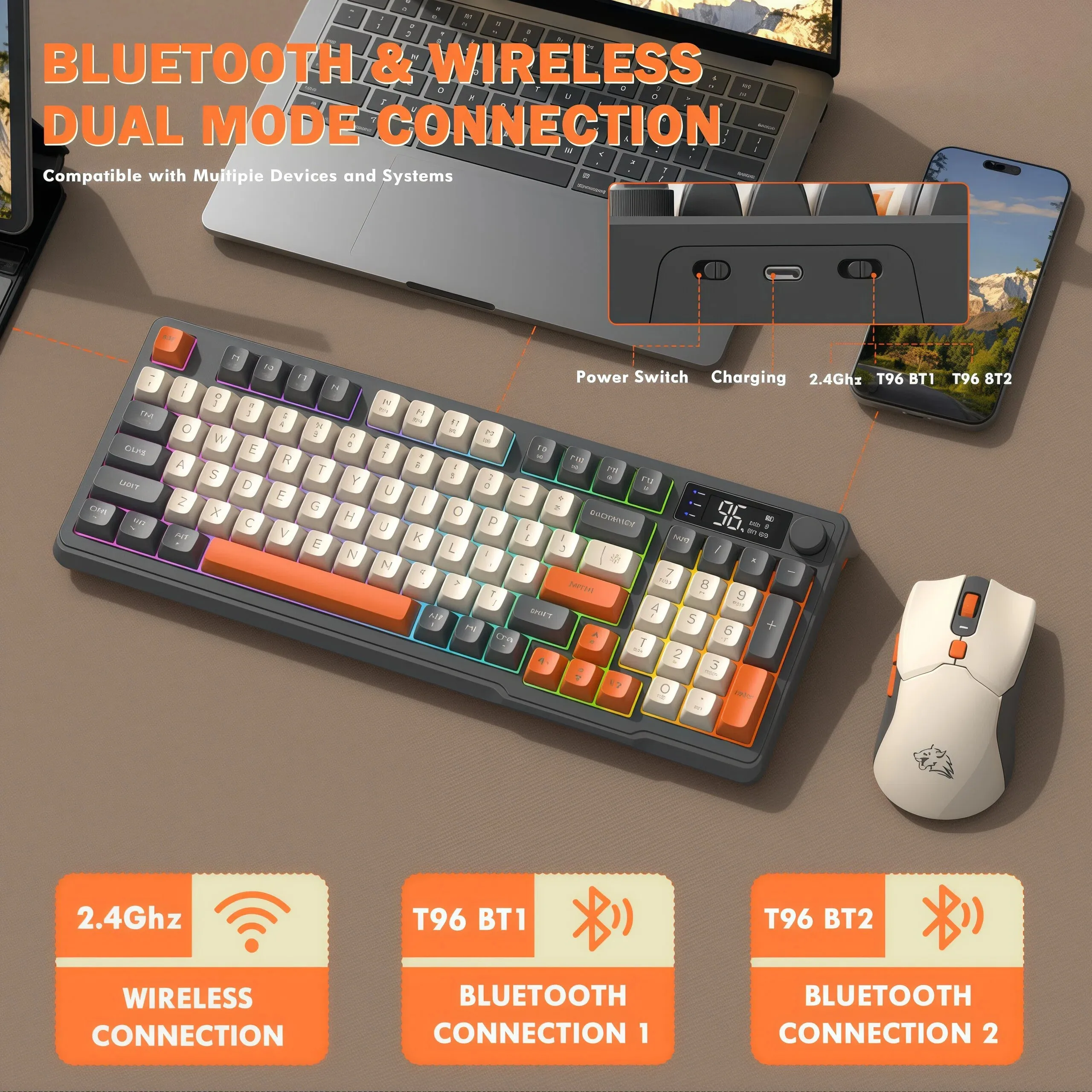 FREEWOLF T96 RGB Keyboard and Wireless Mouse Kit,Intelligent Screen,Multi-Functional Knob,Fashionable Three-color Design