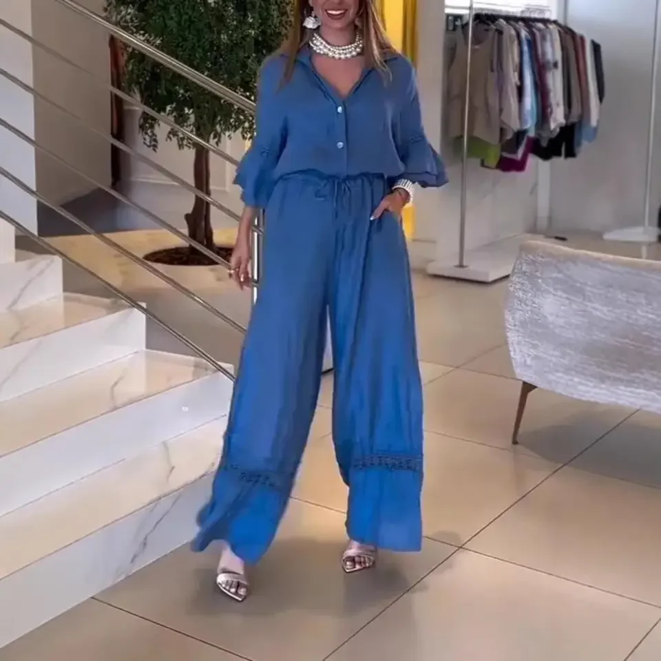 

Bonboho Women's Solid Color Jumpsuit Deep V-neck Three-Quarter Sleeves High Waist Wide Leg Oe-piece Suit Summer Casual Jumpsuits