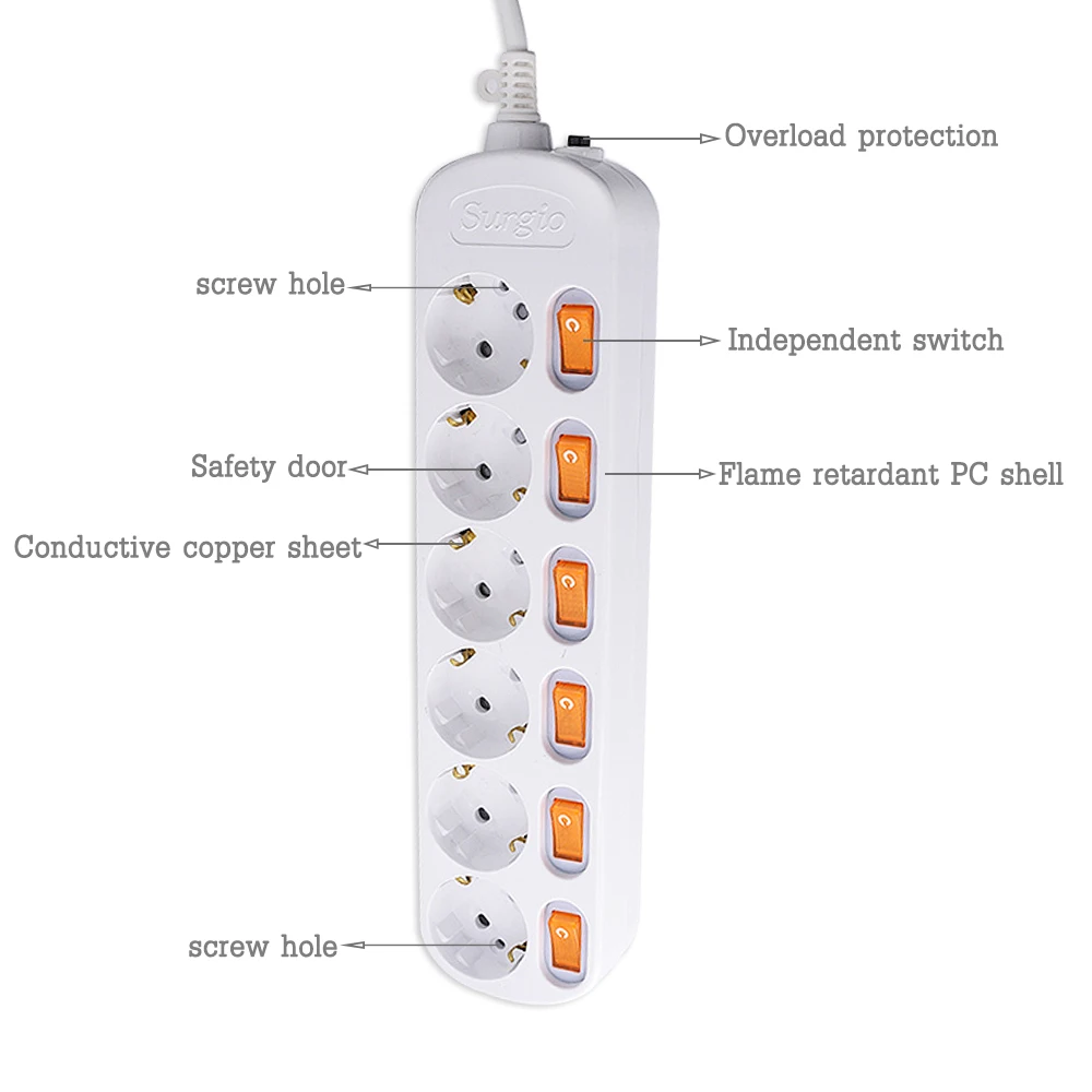 Electrical Schuko Power Strips 16A 3500W Surge Protector 2meters Extension cord 2/3/4/5/6 EU Outlets Independent Control Switche