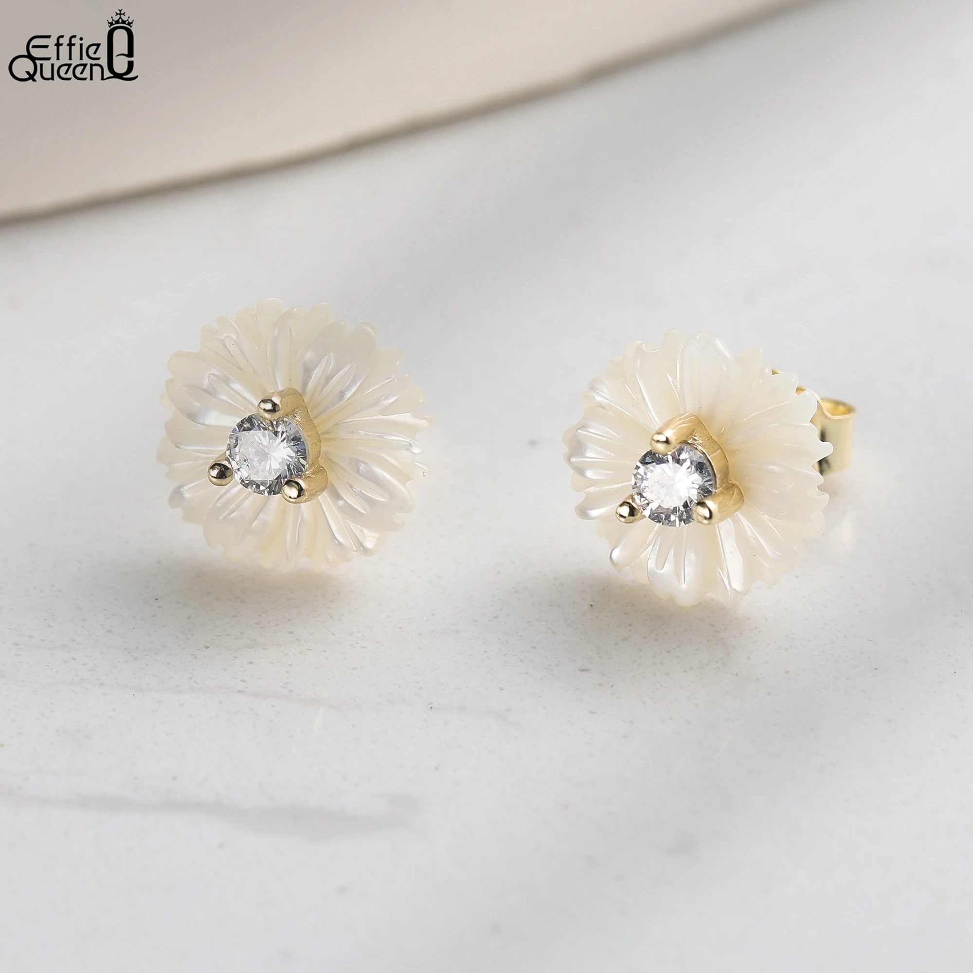 Effie Queen 925 Pure Silver 14k Gold White Flower Shell Stud Earrings Romantic Jewelry for Women Wedding Party Casual Gift PSE10