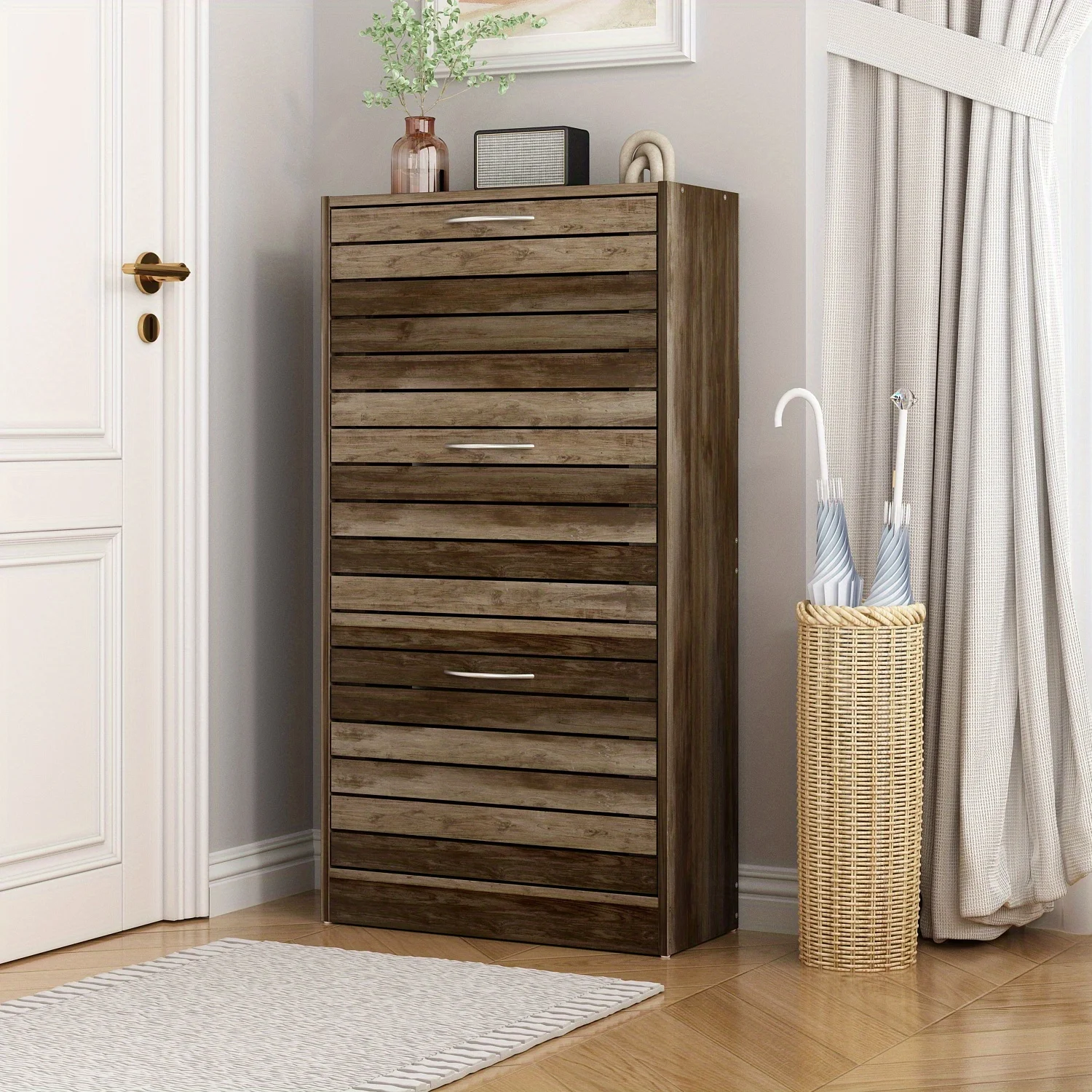 3-Drawer Shoe Storage Cabinet With Ventilate Doors, Wood 3-Tier Shoe Rack Storage Organizer For Entryway, Hallway, living room,