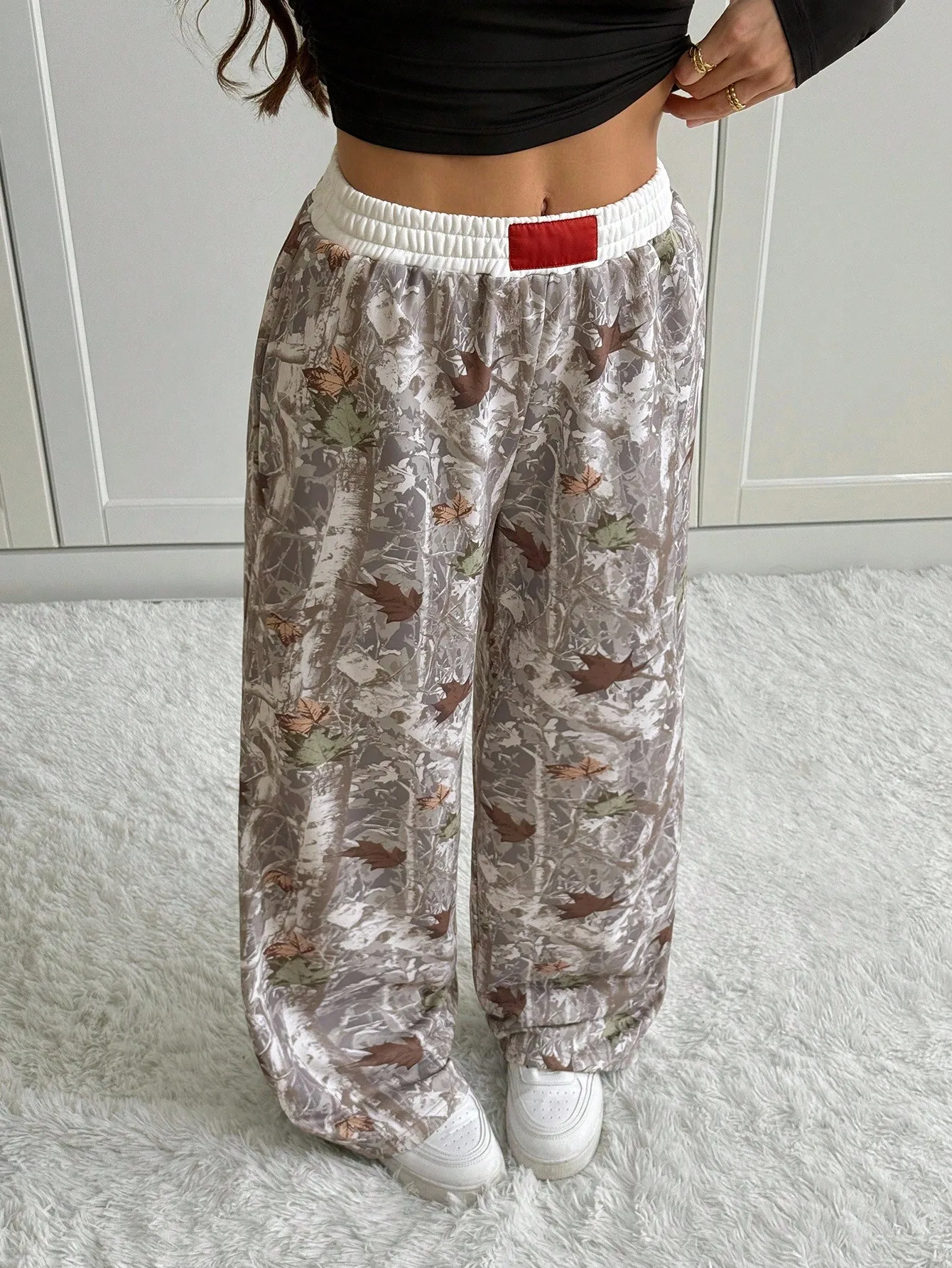 

Женские свободные вязаные брюки с широкими штанинами, принтом осенних листьев и застежкой-молнией