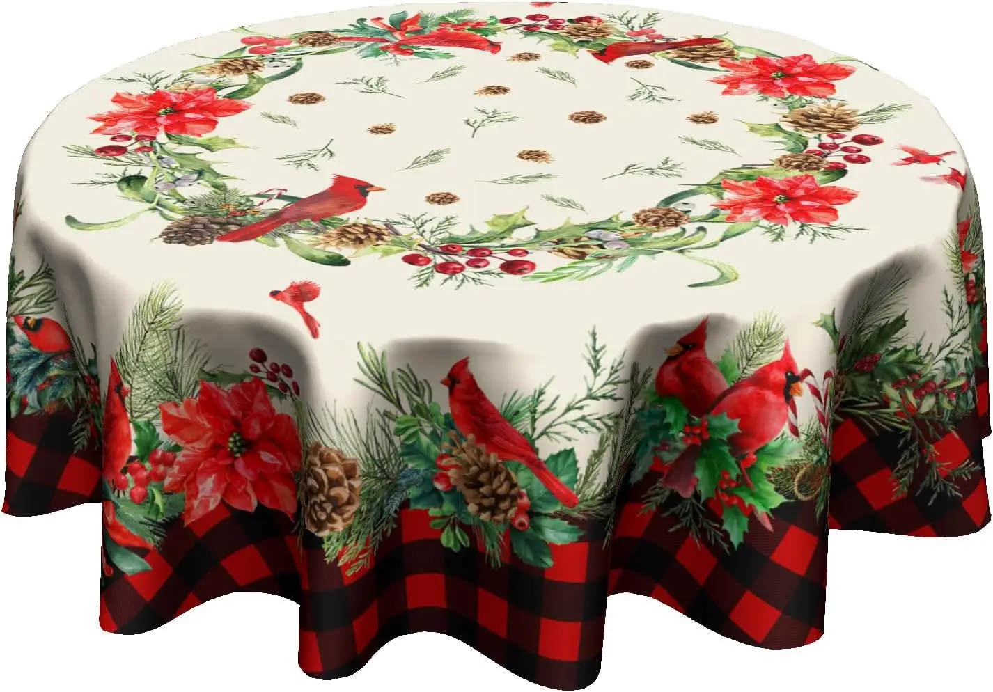Red Birds Floral Tablecloth Round Buffalo Plaid Decorative Water Resistant Table Cloth Cover for Dining Room Kitchen Holiday