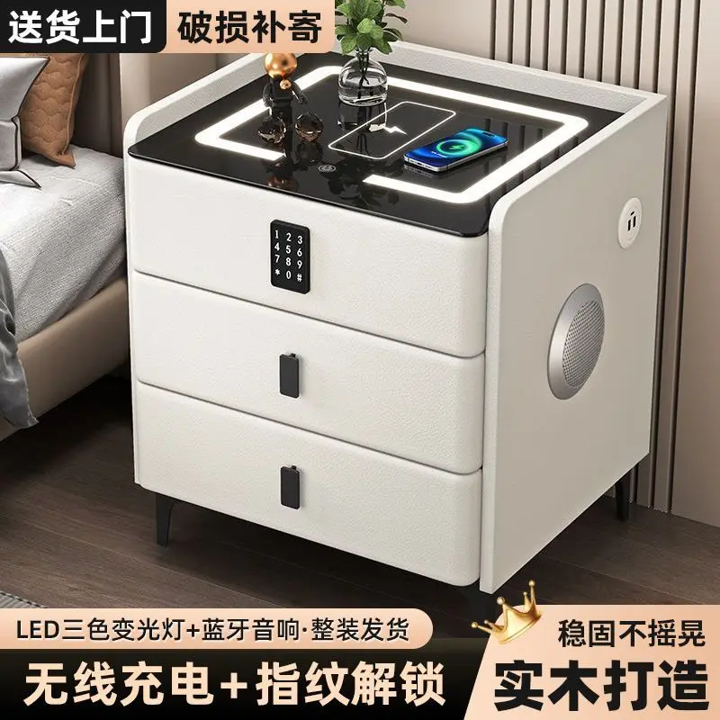 Smart Multifunctional Bedside Table with Wireless ChargerTouch Control 3-Color LEDLightModern Nightstand with Solid Wood