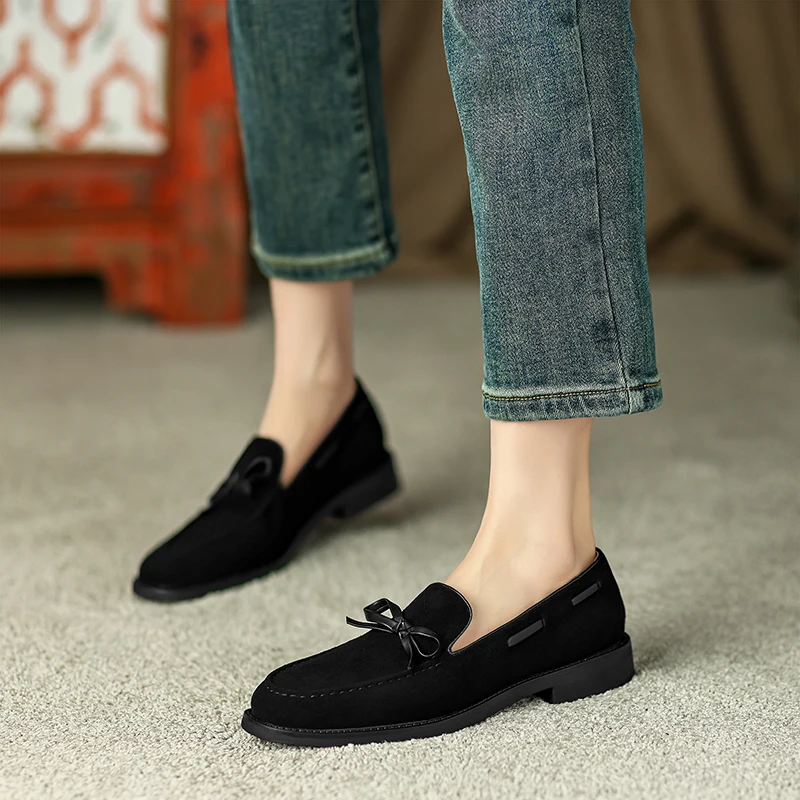 2023 Fashion Spring/Autumn Women Loafers Cow Leather Round Toe Chunky Heel Women Shoes Casual Bow-knot Low Heel Pumps for Women