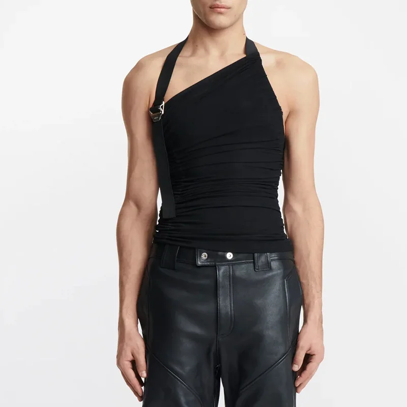 Personalized suspender slanted shoulder hollow knitted vest elastic slim top niche design T-shirt men