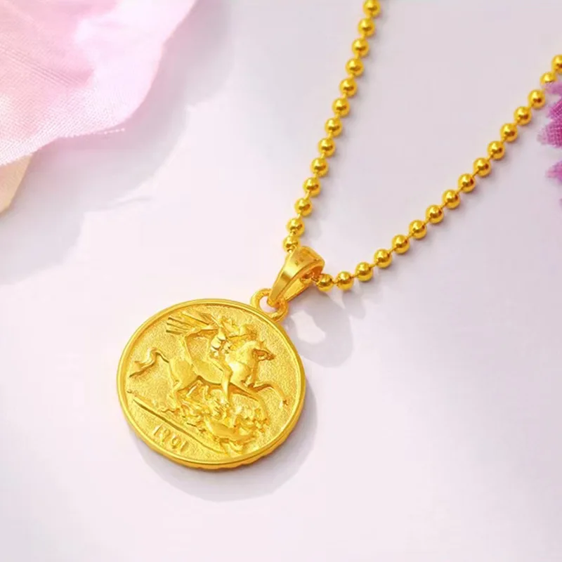 Luxury 24K 9999 Pure Gold real gold Women's Double-Sided Queen Necklace with Round Beads