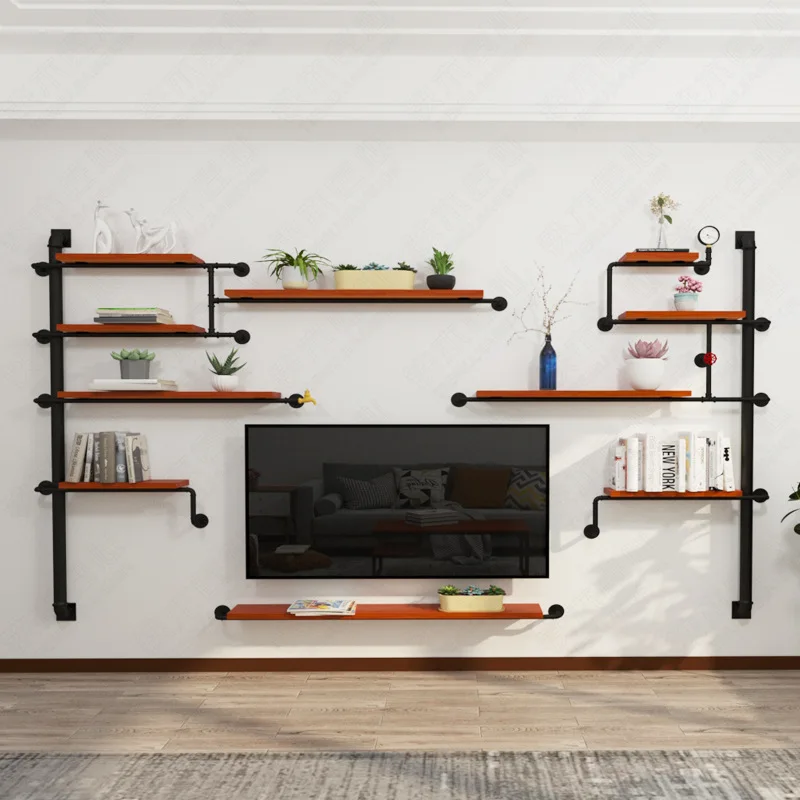 Industrial style TV background wall creative decoration shelf wrought iron solid wood living room storage shelf bookshelves