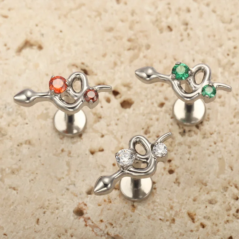 ZOOR F136 التيتانيوم أنودة ثعبان مختبر ثقب Labret مع زركون الأذن اللولب شقة الزنمة القرط الأنف الدائري الشفاه ثقب #3