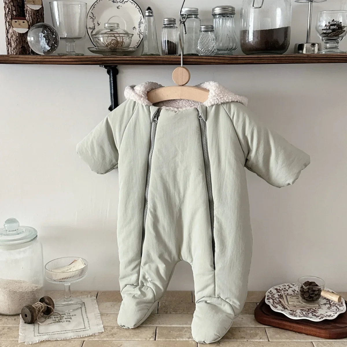0-18M Newborn Baby Clothes Solid Color Thick Cotton Romper Double Zipper Hooded Footed Jumpsuit Fleece Lined  Infant Warm Outfit