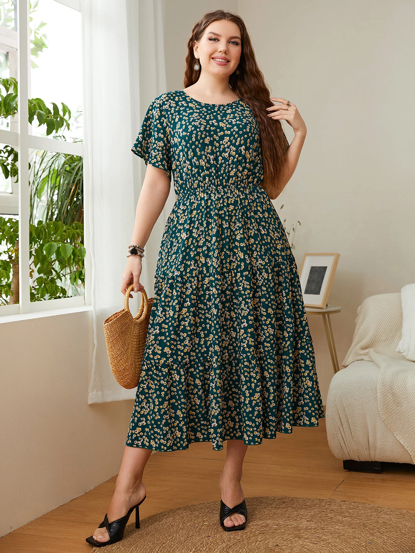 Trendy Big Size Women\'s Clothing Dress Summer O-Neck Floral Print Midi Dresses Party Elegant Casual Ladies Plus Size Long Dress