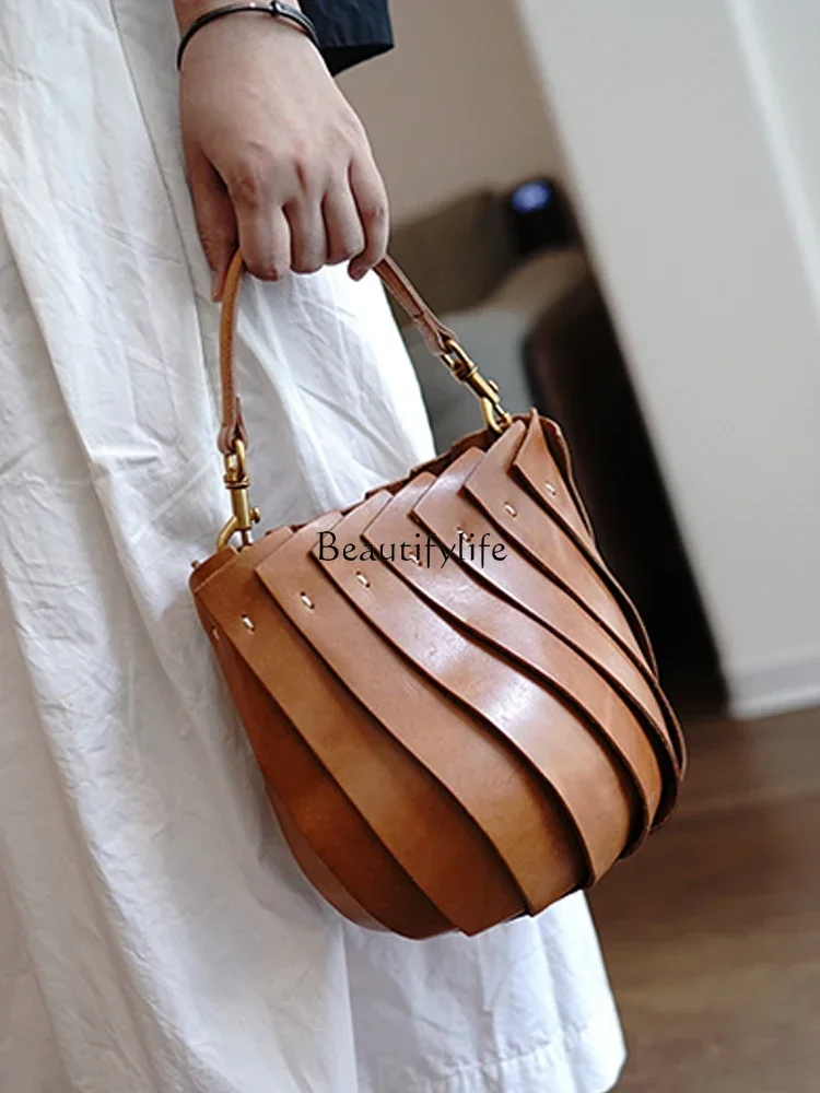 Vegetable Tanning Leather Handmade Retro Stitching Portable Bucket Bag Genuine Leather All-Match Fashion Shoulder Bag