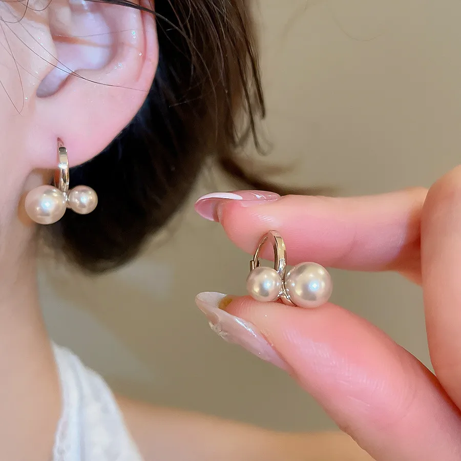 Elegant Dual Pearl Hoop Earrings for Women Gold Tone French Style Minimalist Daily Office Commute Wedding Party Fashion Jewelry
