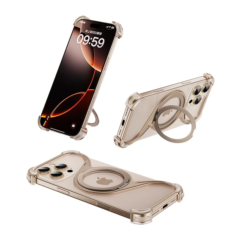 Magnetic Metal Aluminum Alloy Rotating Phone Case for iPhone 16 13 14 15 16 Pro Max W-shaped Bracket Frameless Phone Case